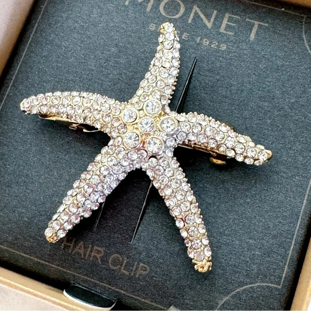 New In Box Monet Gold Tone Metal Textured Starfish Hair Clip